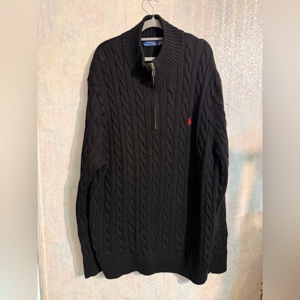 Polo Ralph Lauren Black Cable Knit 1/4 Zip Sweater, Red Embroidered Pony 2XLT